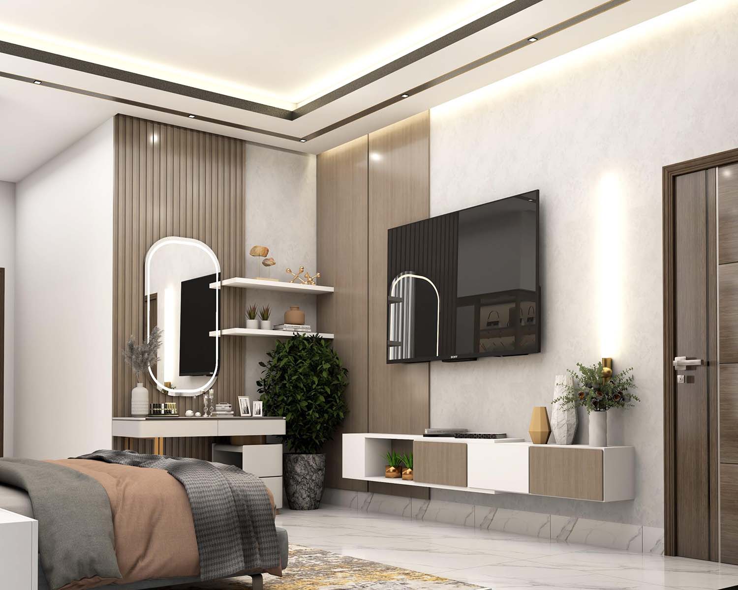 3d model of modern bedroom interior with a led tv hanging on the wall