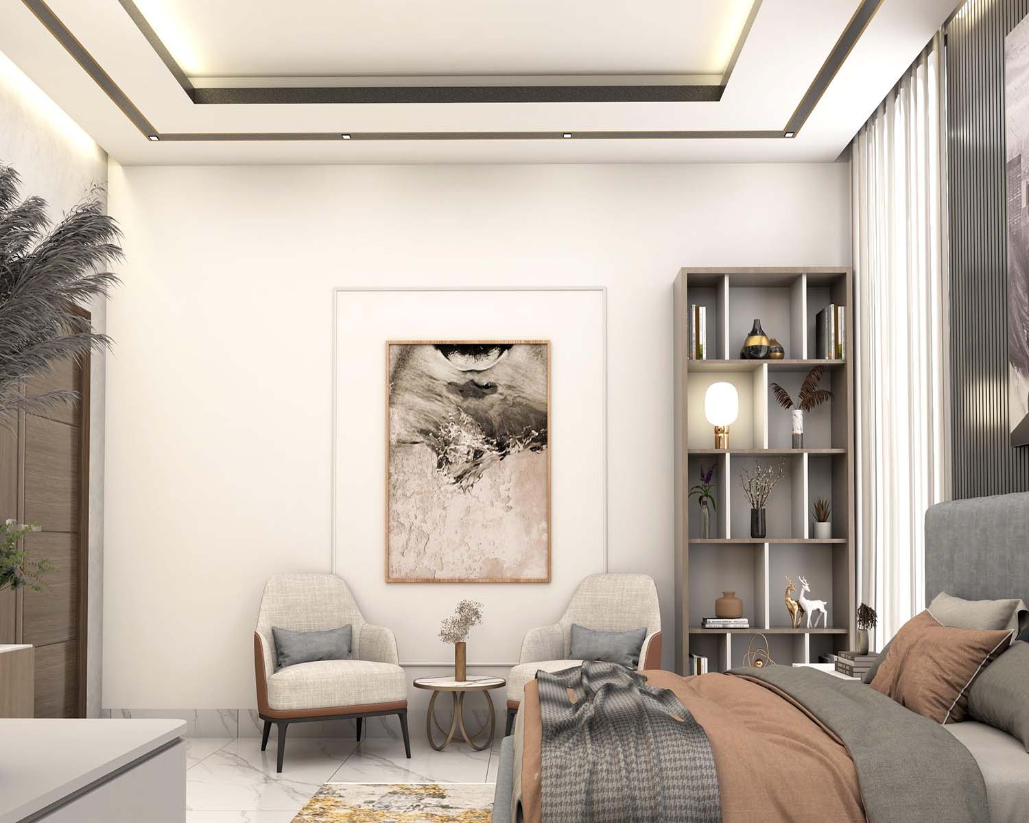 3d image of luxury bedroom interior in Business Bay, painting hanging on the wall just next to chairs and book shelf