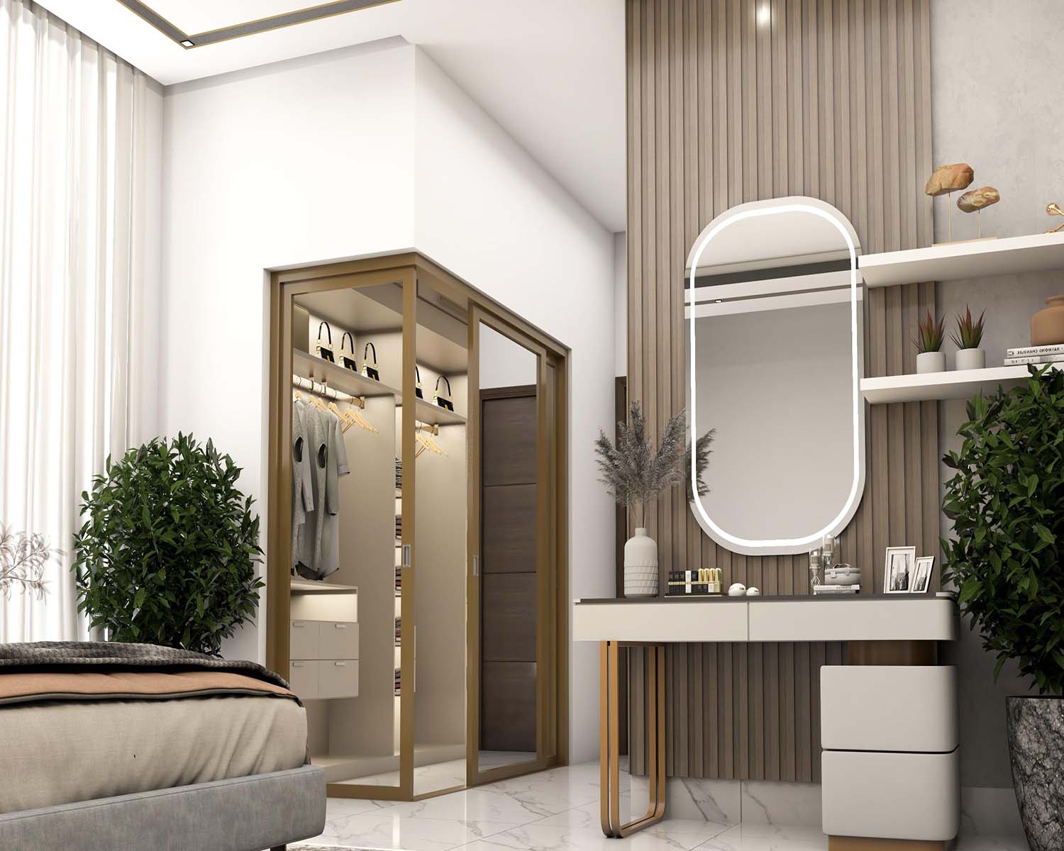 3D model of luxury room in dubai, placed a dressing table next to glass wardrobe